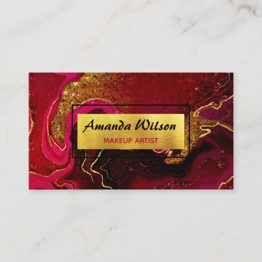 赤エレガント大理石アートフェイク金ゴールドグリッター 名刺 (正面)