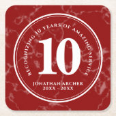 赤エレガント大理石10年勤続記念日 スクエアペーパーコースター (正面)
