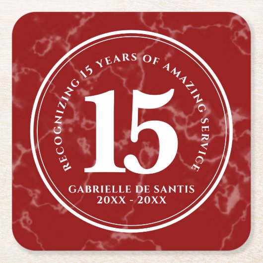 赤エレガント大理石15年勤続記念日 スクエアペーパーコースター (正面)