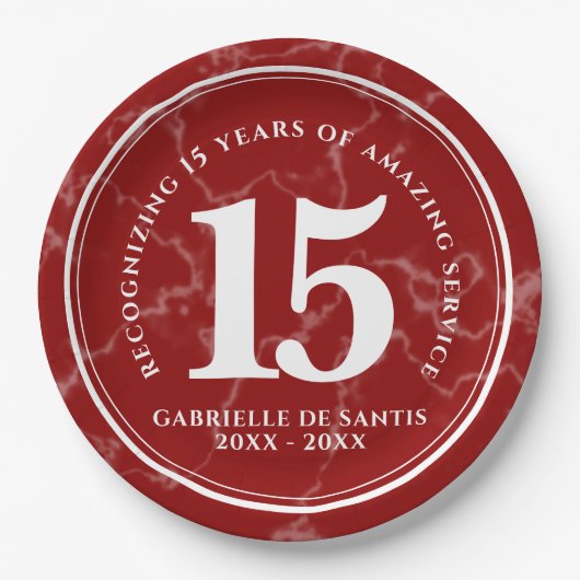 赤エレガント大理石15年勤続記念日 ペーパープレート (正面)