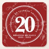 赤エレガント大理石20年勤続記念日 スクエアペーパーコースター (正面)