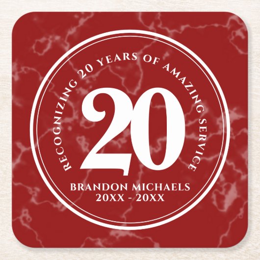 赤エレガント大理石20年勤続記念日 スクエアペーパーコースター (正面)