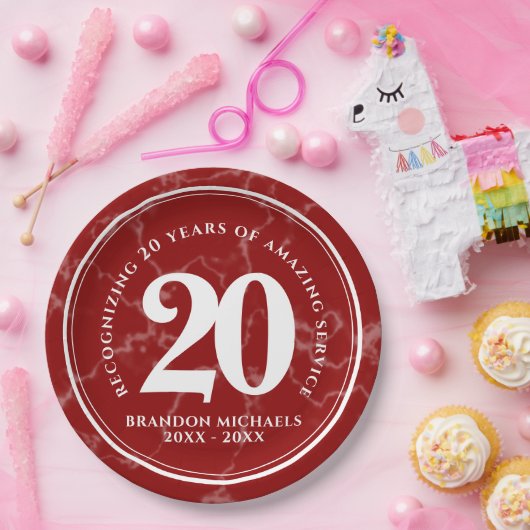 赤エレガント大理石20年勤続記念日 ペーパープレート (パーティー)
