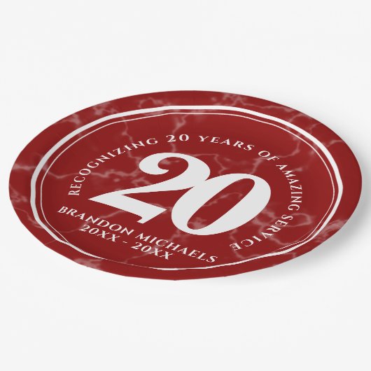 赤エレガント大理石20年勤続記念日 ペーパープレート (アングル)