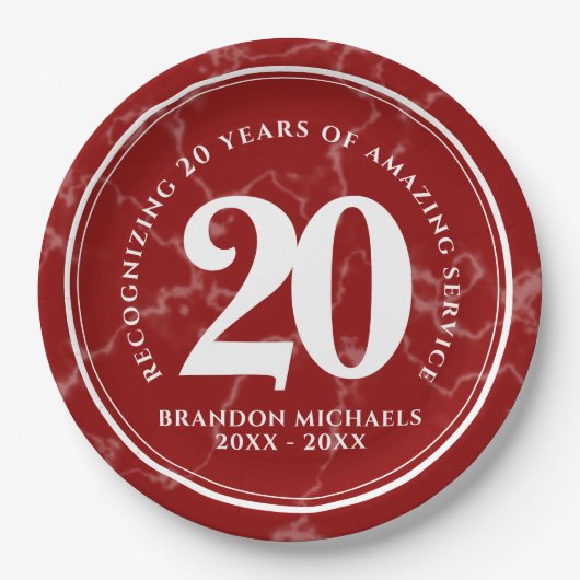 赤エレガント大理石20年勤続記念日 ペーパープレート (正面)