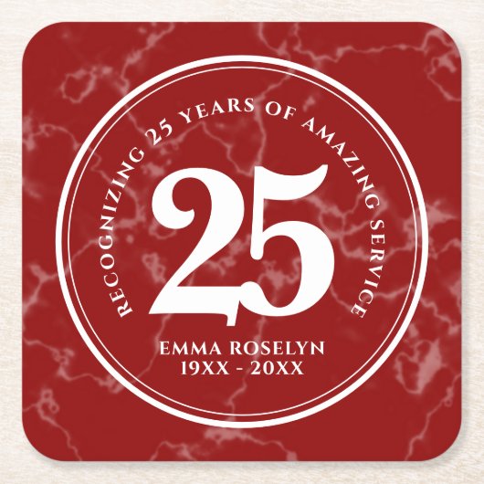 赤エレガント大理石25年勤続記念日 スクエアペーパーコースター (正面)