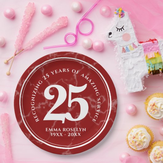 赤エレガント大理石25年勤続記念日 ペーパープレート (パーティー)