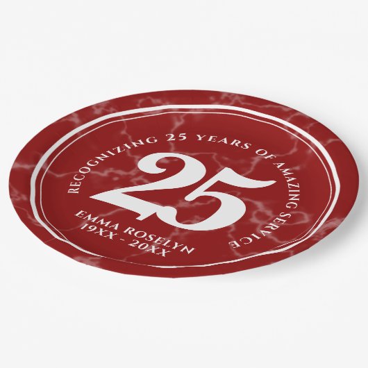 赤エレガント大理石25年勤続記念日 ペーパープレート (アングル)