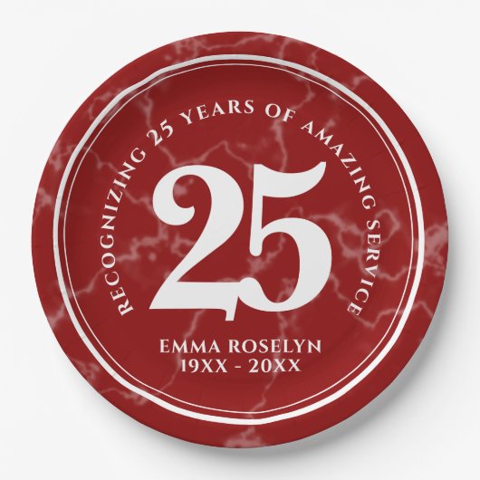 赤エレガント大理石25年勤続記念日 ペーパープレート (正面)