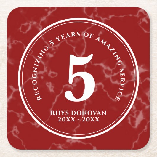赤エレガント大理石5年勤続記念日 スクエアペーパーコースター (正面)