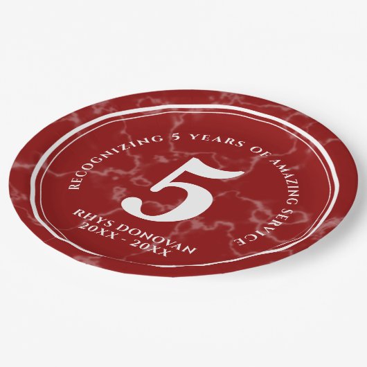 赤エレガント大理石5年勤続記念日 ペーパープレート (アングル)