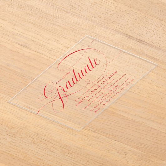 赤エレガント字卒業パーティー アクリル招待状 (レイダウン)