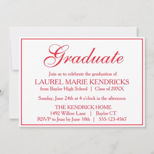 赤エレガント字卒業パーティー 招待状 (正面)
