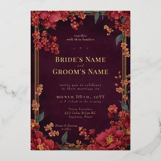 赤エレガント宝石トーンフローラ結婚の 箔招待状 (正面)