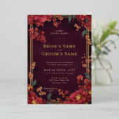 赤エレガント宝石トーンフローラ結婚の 箔招待状 (立ち正面)