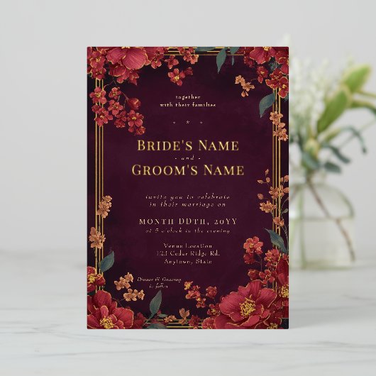 赤エレガント宝石トーンフローラ結婚の 箔招待状 (立ち正面)