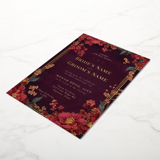 赤エレガント宝石トーンフローラ結婚の 箔招待状 (回転した状態)