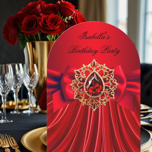 赤エレガント宝石赤い弓の誕生日パーティー 招待状