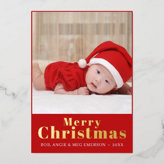 赤エレガント小メリークリスマス写真コラージュ 箔招待状 (正面)