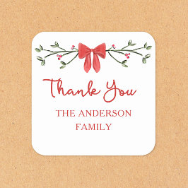 赤エレガント弓のクリパーソナライズされたスマスありがとう スクエアシール