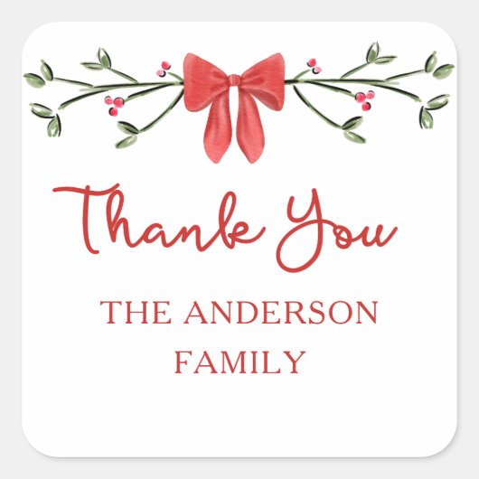 赤エレガント弓のクリパーソナライズされたスマスありがとう スクエアシール (正面)