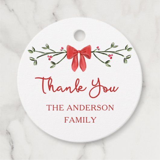 赤エレガント弓のクリパーソナライズされたスマスありがとう フェイバータグ (正面)