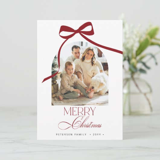 赤エレガント弓アーチ写真メリークリスマス シーズンカード (スタンド正面)