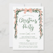 赤エレガント弓ストライプの緑クリスマスパーティー 招待状 (正面)