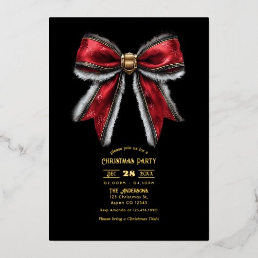 赤エレガント弓&ゴールドフォイルクリスマスパーティー 箔招待状 (正面)