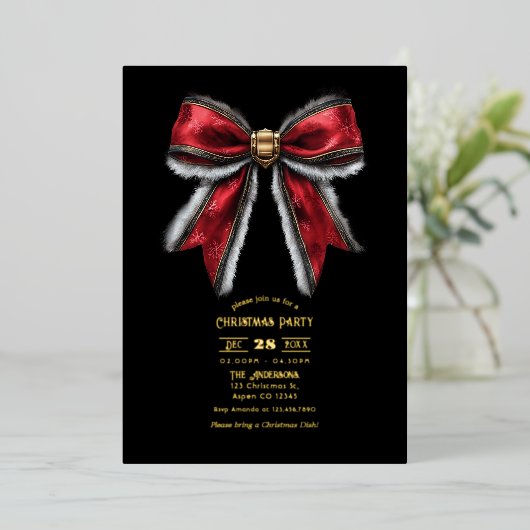 赤エレガント弓&ゴールドフォイルクリスマスパーティー 箔招待状 (立ち正面)