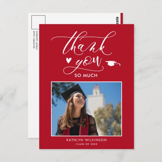 赤エレガント文字シック写真卒業ありがとう ポストカード (正面/裏面)