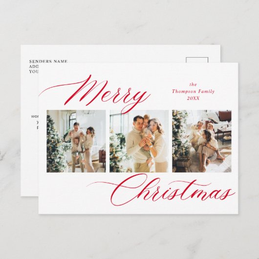 赤エレガント文字メリークリスマスフォトコラージュ シーズンポストカード (正面/裏面)