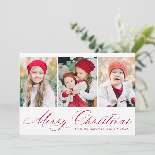 赤エレガント文字メリークリスマス3写真 シーズンカード (スタンド正面)