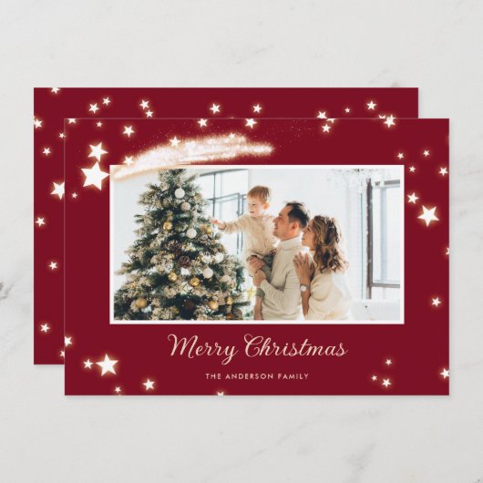 赤エレガント星フォトメリークリスマスカード シーズンカード (正面/裏面)