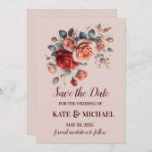 赤エレガント桃赤面フローラ結婚ズ セーブザデート (正面/裏面)