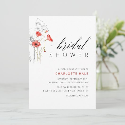 赤エレガント水彩花ブライダルシャワー 招待状 (スタンド正面)