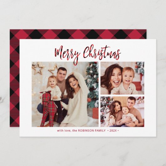 赤エレガント水牛のプレイド3数々の写真クリスマス シーズンカード (正面/裏面)