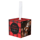 赤エレガント水牛プレイドクリスマスファミリー3写真 キューブオーナメント (正面アングル)