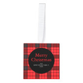 赤エレガント水牛プレイドクリスマスファミリー3写真 キューブオーナメント (正面)