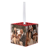 赤エレガント水牛プレイドクリスマスファミリー3写真 キューブオーナメント (裏面アングル)