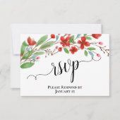 赤エレガント水色の花結婚の 出欠カード (正面)