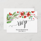 赤エレガント水色の花結婚の 出欠カード (正面/裏面)