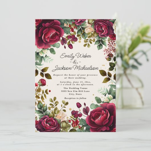 赤エレガント水色フローラ金ゴールド結婚グリッター 招待状 (スタンド正面)