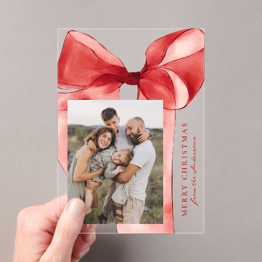 赤エレガント水色ボーフォトホリデーカード アクリル招待状 (インサイチュ (ポータブル))