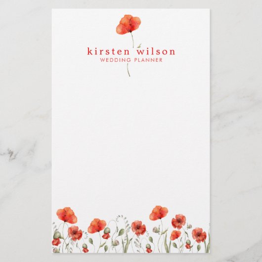 赤エレガント水色ポピーパーソナライズされた花 便箋 (正面)