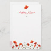 赤エレガント水色ポピーパーソナライズされた花 便箋 (正面/裏面)