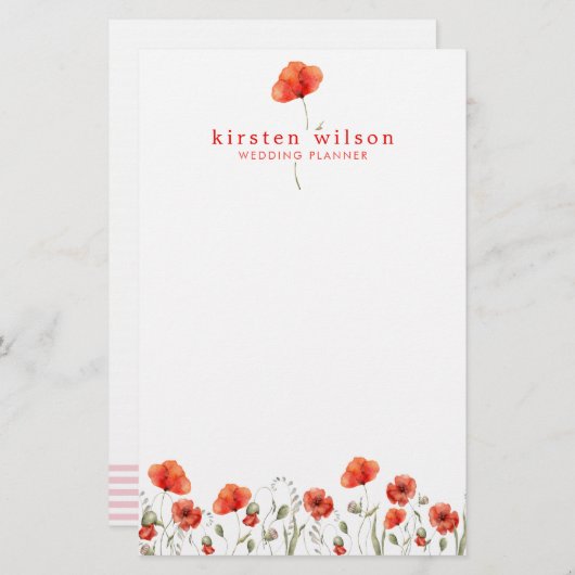 赤エレガント水色ポピーパーソナライズされた花 便箋 (正面/裏面)