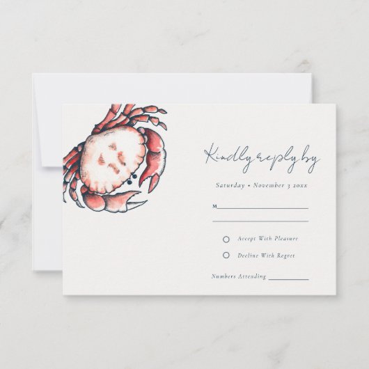 赤エレガント海軍水中カニ沿岸結婚部 出欠カード (正面)