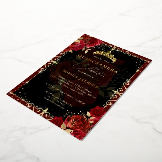 赤エレガント王室のスパークル金ゴールドバラキンセアニェラ 箔招待状 (回転した状態)