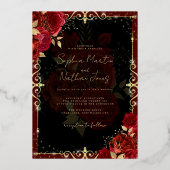 赤エレガント王室の金ゴールド結婚バラ 箔招待状 (正面)